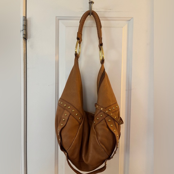 Light Brown Leather Kenneth Cole Shoulder Bag with Gold Accents - Picture 2 of 3